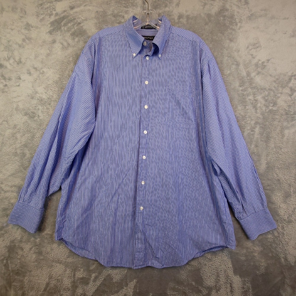 Nautica Shirt Men XL Button Down Blue Long Sleeve Cotton Striped 16.5